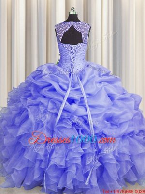 Unique Blue Scoop Lace Up Beading and Pick Ups Quinceanera Dresses Sleeveless