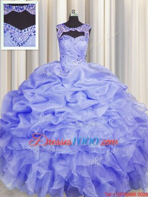 Unique Blue Scoop Lace Up Beading and Pick Ups Quinceanera Dresses Sleeveless