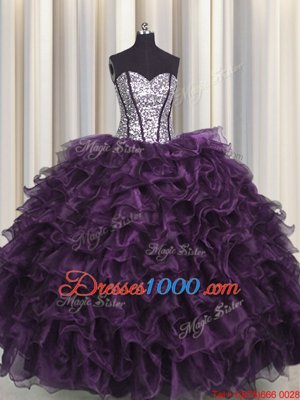 Visible Boning Floor Length Dark Purple Quince Ball Gowns Organza and Sequined Sleeveless Ruffles and Sequins