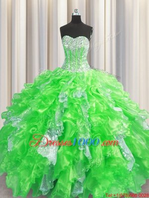 Visible Boning Sleeveless Beading and Ruffles and Sequins Floor Length Quinceanera Dress