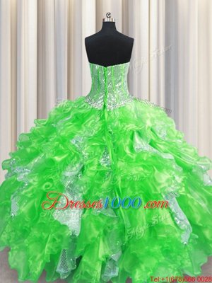 Visible Boning Sleeveless Beading and Ruffles and Sequins Floor Length Quinceanera Dress