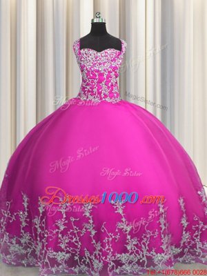 Fuchsia Sleeveless Beading and Appliques Floor Length Sweet 16 Dress