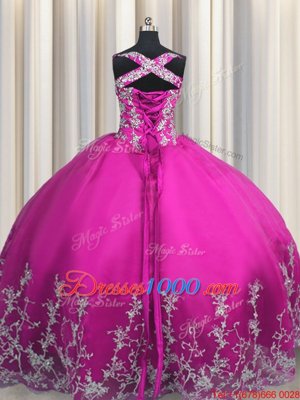 Fuchsia Sleeveless Beading and Appliques Floor Length Sweet 16 Dress