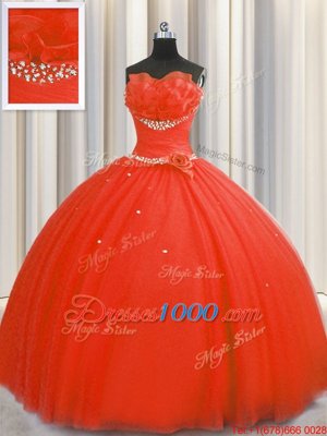 Handcrafted Flower Strapless Sleeveless Tulle Quince Ball Gowns Beading and Sequins and Hand Made Flower Lace Up