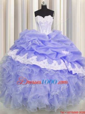 Sleeveless Floor Length Beading and Appliques and Ruffles and Pick Ups Lace Up Quince Ball Gowns with Lavender
