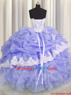 Sleeveless Floor Length Beading and Appliques and Ruffles and Pick Ups Lace Up Quince Ball Gowns with Lavender