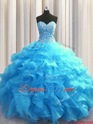 Visible Boning Baby Blue Organza Lace Up Sweetheart Sleeveless Floor Length Quinceanera Dresses Beading and Ruffles