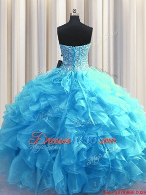 Visible Boning Baby Blue Organza Lace Up Sweetheart Sleeveless Floor Length Quinceanera Dresses Beading and Ruffles