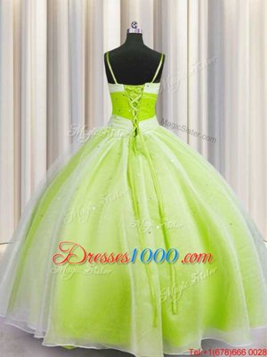 Yellow Green Lace Up Spaghetti Straps Beading and Ruching Ball Gown Prom Dress Organza Sleeveless