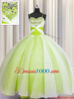Yellow Green Lace Up Spaghetti Straps Beading and Ruching Ball Gown Prom Dress Organza Sleeveless