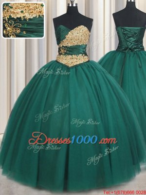 Peacock Green Sleeveless Tulle Lace Up Quinceanera Gown for Military Ball and Sweet 16 and Quinceanera