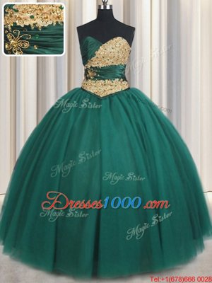 Peacock Green Sleeveless Tulle Lace Up Quinceanera Gown for Military Ball and Sweet 16 and Quinceanera