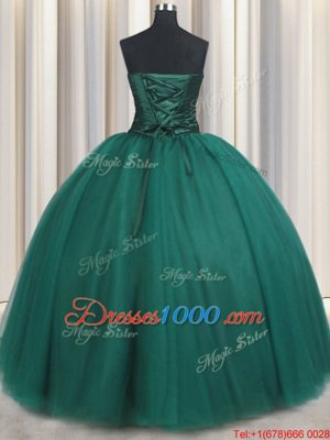 Peacock Green Sleeveless Tulle Lace Up Quinceanera Gown for Military Ball and Sweet 16 and Quinceanera