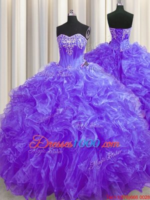 Purple Lace Up Quinceanera Dresses Beading and Ruffles Sleeveless Brush Train