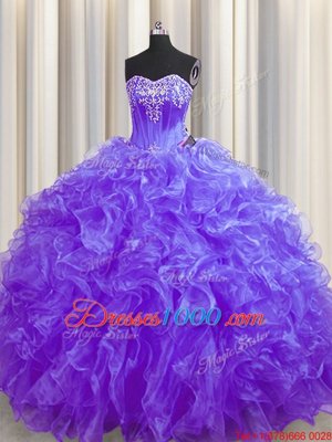 Purple Lace Up Quinceanera Dresses Beading and Ruffles Sleeveless Brush Train