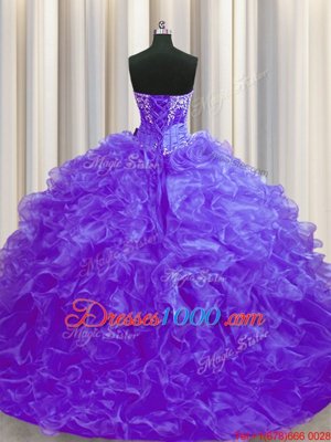 Purple Lace Up Quinceanera Dresses Beading and Ruffles Sleeveless Brush Train
