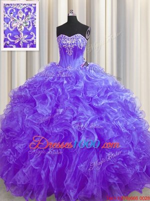 Purple Lace Up Quinceanera Dresses Beading and Ruffles Sleeveless Brush Train