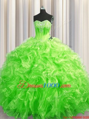 Charming Ball Gowns Organza Sweetheart Sleeveless Beading and Ruffles Lace Up Quinceanera Dress Sweep Train