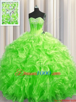 Charming Ball Gowns Organza Sweetheart Sleeveless Beading and Ruffles Lace Up Quinceanera Dress Sweep Train