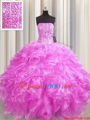 Hot Sale Visible Boning Sleeveless Floor Length Beading and Ruffles Lace Up Vestidos de Quinceanera with Rose Pink