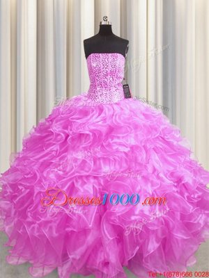 Hot Sale Visible Boning Sleeveless Floor Length Beading and Ruffles Lace Up Vestidos de Quinceanera with Rose Pink