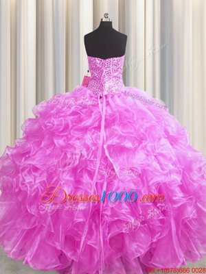Hot Sale Visible Boning Sleeveless Floor Length Beading and Ruffles Lace Up Vestidos de Quinceanera with Rose Pink