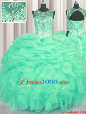 Elegant Scoop See Through Sleeveless Organza Floor Length Lace Up Sweet 16 Dress in Turquoise for with Beading and Ruffles and Pick Ups