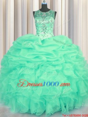 Elegant Scoop See Through Sleeveless Organza Floor Length Lace Up Sweet 16 Dress in Turquoise for with Beading and Ruffles and Pick Ups