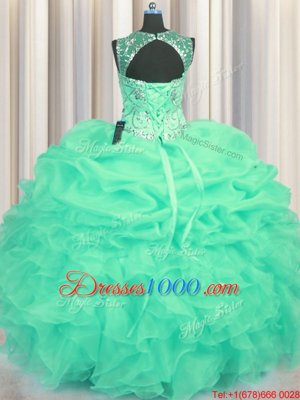 Elegant Scoop See Through Sleeveless Organza Floor Length Lace Up Sweet 16 Dress in Turquoise for with Beading and Ruffles and Pick Ups