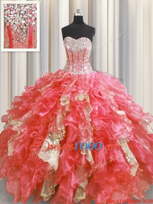 Classical Sequins Visible Boning Floor Length Watermelon Red Ball Gown Prom Dress Sweetheart Sleeveless Lace Up