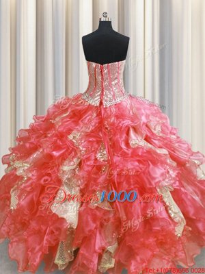 Classical Sequins Visible Boning Floor Length Watermelon Red Ball Gown Prom Dress Sweetheart Sleeveless Lace Up