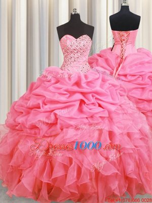 Fantastic Halter Top Rose Pink Ball Gowns Beading and Ruffles and Pick Ups Sweet 16 Dress Lace Up Organza Sleeveless Floor Length
