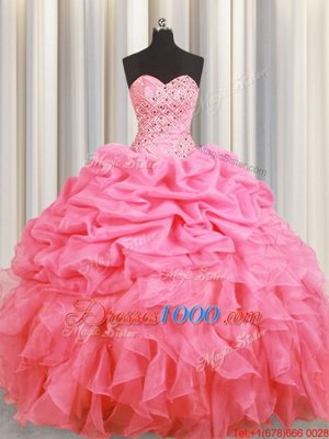 Fantastic Halter Top Rose Pink Ball Gowns Beading and Ruffles and Pick Ups Sweet 16 Dress Lace Up Organza Sleeveless Floor Length