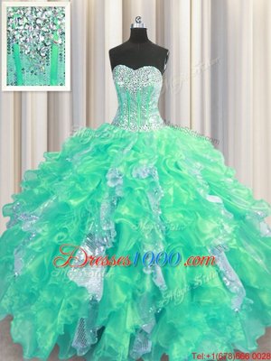 Popular Turquoise Sweetheart Neckline Beading and Ruffles and Sequins Sweet 16 Quinceanera Dress Sleeveless Lace Up
