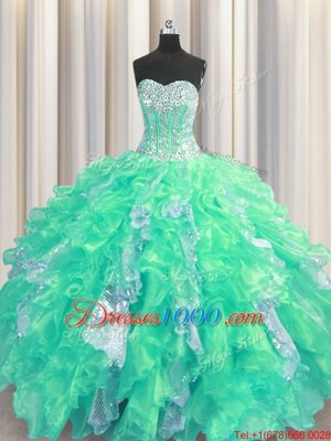 Popular Turquoise Sweetheart Neckline Beading and Ruffles and Sequins Sweet 16 Quinceanera Dress Sleeveless Lace Up