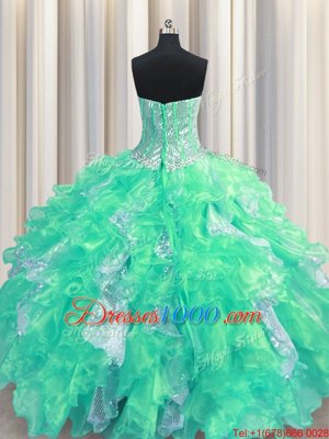 Popular Turquoise Sweetheart Neckline Beading and Ruffles and Sequins Sweet 16 Quinceanera Dress Sleeveless Lace Up