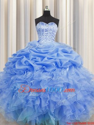 Pick Ups Visible Boning Ball Gowns Quinceanera Gowns Blue Sweetheart Organza Sleeveless Floor Length Lace Up