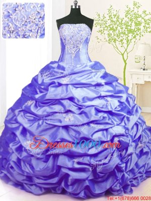 Sexy Taffeta Strapless Sleeveless Sweep Train Lace Up Beading and Pick Ups 15th Birthday Dress in Lavender