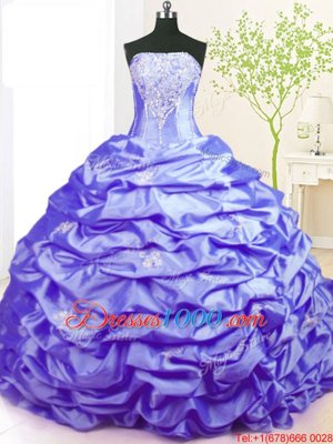 Sexy Taffeta Strapless Sleeveless Sweep Train Lace Up Beading and Pick Ups 15th Birthday Dress in Lavender