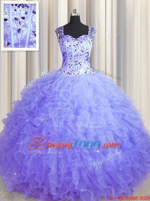Fitting See Through Zipper Up Tulle Sleeveless Floor Length Quinceanera Gowns and Beading and Ruffles