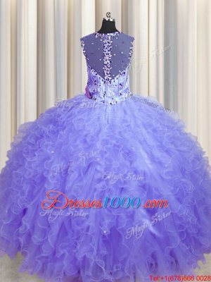 Fitting See Through Zipper Up Tulle Sleeveless Floor Length Quinceanera Gowns and Beading and Ruffles