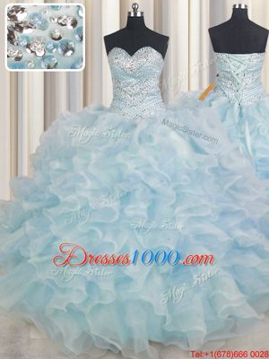 Light Blue Sleeveless Floor Length Beading and Ruffles Lace Up Quinceanera Dresses