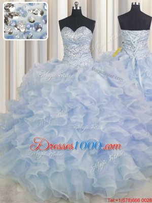 Light Blue Sweetheart Lace Up Beading and Ruffles Sweet 16 Quinceanera Dress Sleeveless