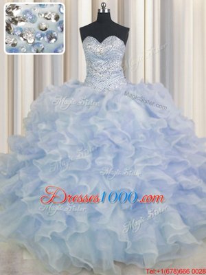 Light Blue Sweetheart Lace Up Beading and Ruffles Sweet 16 Quinceanera Dress Sleeveless