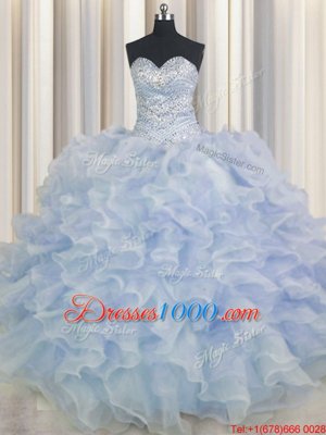Light Blue Sweetheart Lace Up Beading and Ruffles Sweet 16 Quinceanera Dress Sleeveless