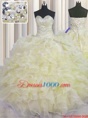 Extravagant Light Yellow Ball Gowns Sweetheart Sleeveless Organza Floor Length Lace Up Beading and Ruffles Vestidos de Quinceanera