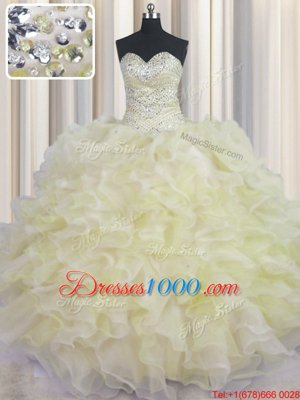 Extravagant Light Yellow Ball Gowns Sweetheart Sleeveless Organza Floor Length Lace Up Beading and Ruffles Vestidos de Quinceanera