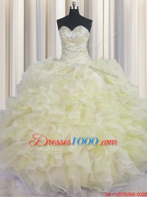 Extravagant Light Yellow Ball Gowns Sweetheart Sleeveless Organza Floor Length Lace Up Beading and Ruffles Vestidos de Quinceanera