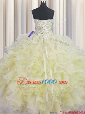 Extravagant Light Yellow Ball Gowns Sweetheart Sleeveless Organza Floor Length Lace Up Beading and Ruffles Vestidos de Quinceanera