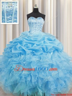 Edgy Pick Ups Visible Boning Floor Length Ball Gowns Sleeveless Baby Blue Quinceanera Dresses Lace Up